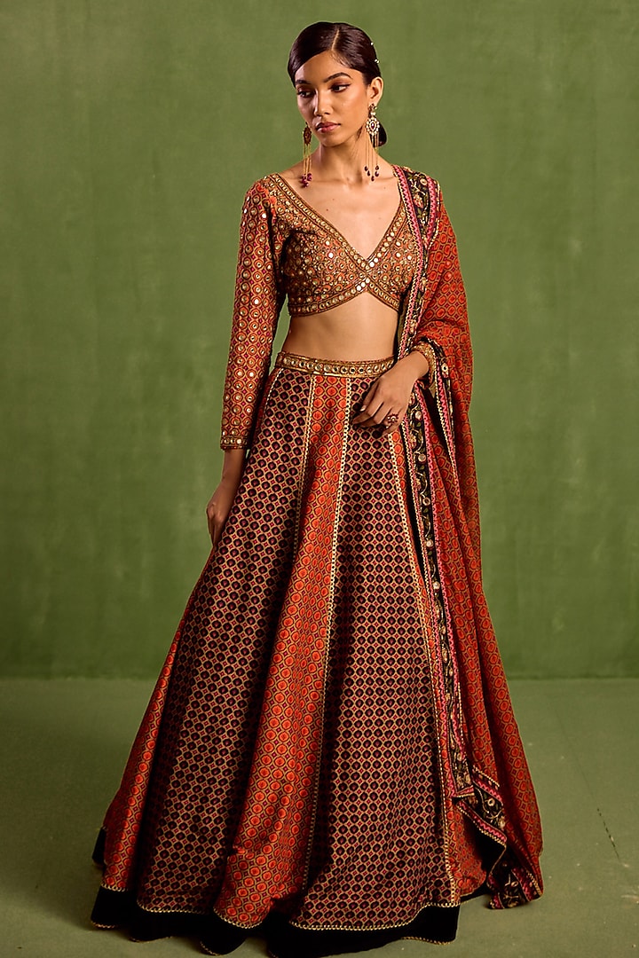 Rust & Black Viscose Raw Silk Printed & Embroidered Wedding Lehenga Set by Neha Khullar at Pernia's Pop Up Shop