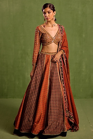 Rust & Black Viscose Raw Silk Printed & Embroidered Lehenga Set by Neha Khullar