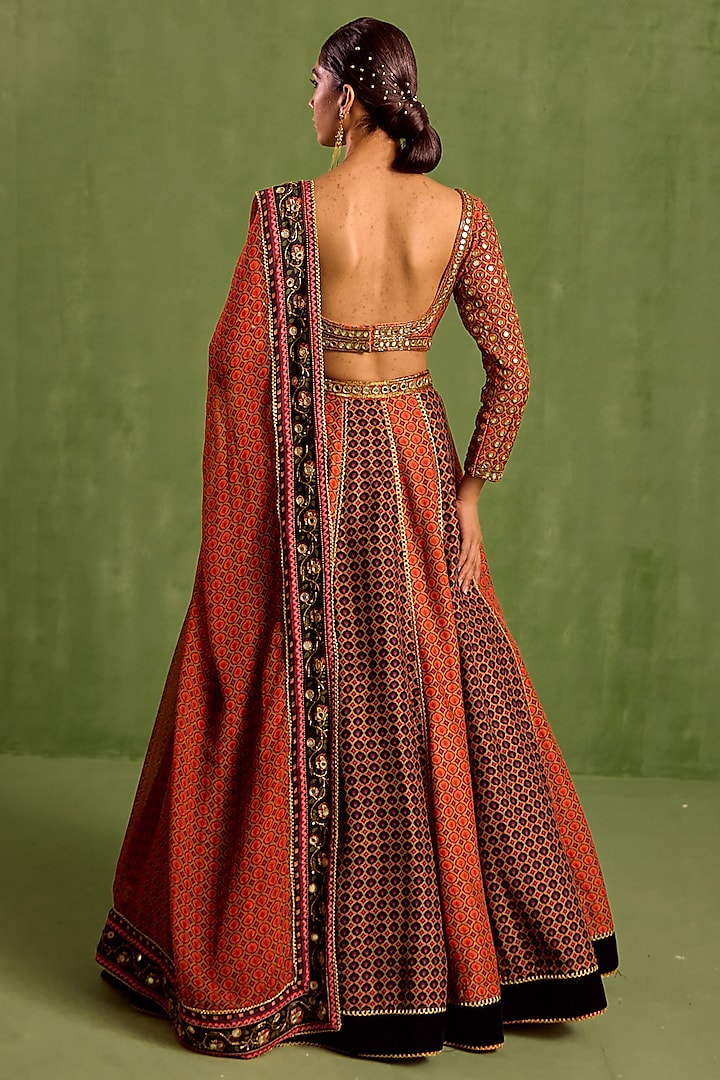 Rust & Black Viscose Raw Silk Printed & Embroidered Wedding Lehenga Set by Neha Khullar at Pernia's Pop Up Shop