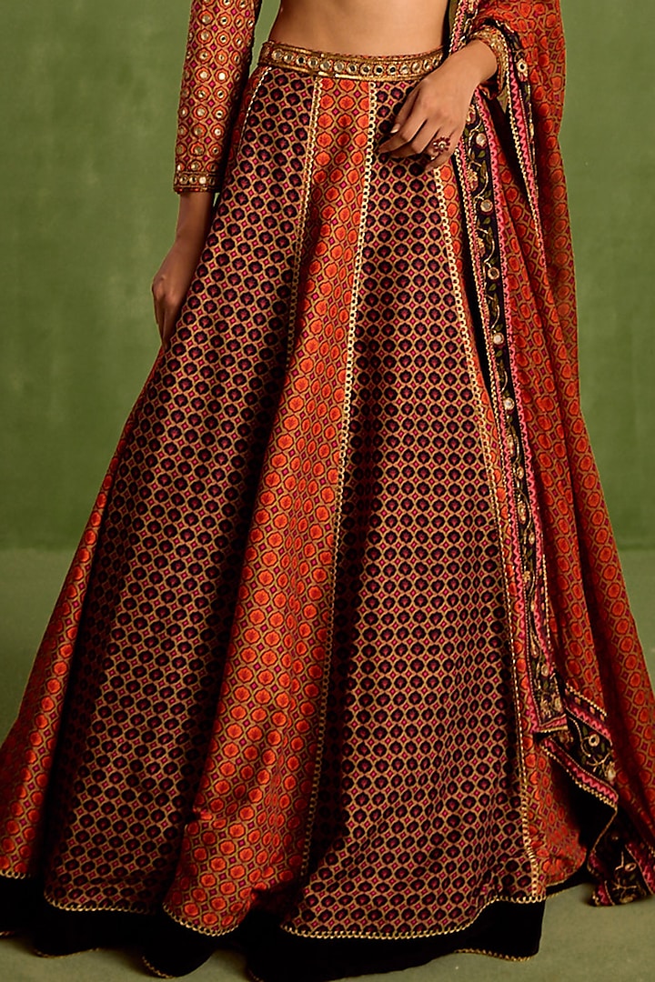 Rust & Black Viscose Raw Silk Printed & Embroidered Wedding Lehenga Set by Neha Khullar at Pernia's Pop Up Shop