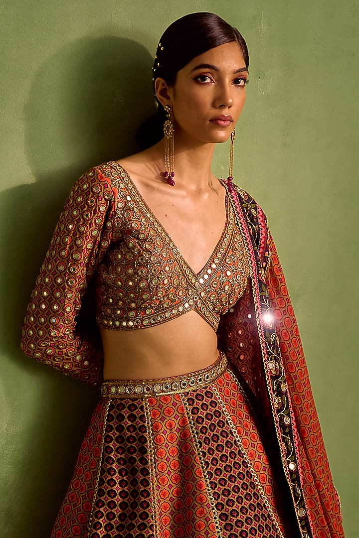 Rust & Black Viscose Raw Silk Printed & Embroidered Wedding Lehenga Set by Neha Khullar at Pernia's Pop Up Shop