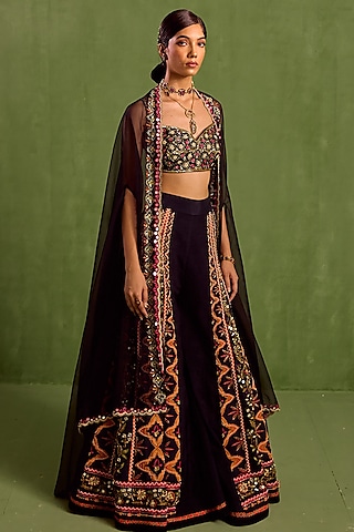 Black Viscose Raw Silk Printed & Embroidered Sharara Set by Neha Khullar