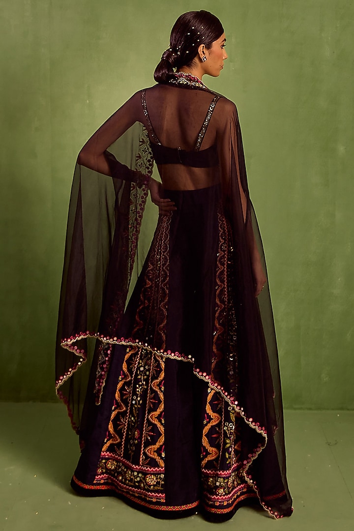 Black Viscose Raw Silk Printed & Embroidered Wedding Sharara Set by Neha Khullar at Pernia's Pop Up Shop