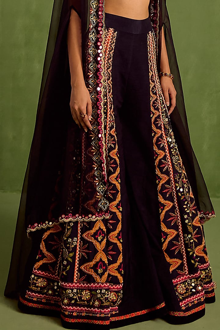 Black Viscose Raw Silk Printed & Embroidered Wedding Sharara Set by Neha Khullar at Pernia's Pop Up Shop