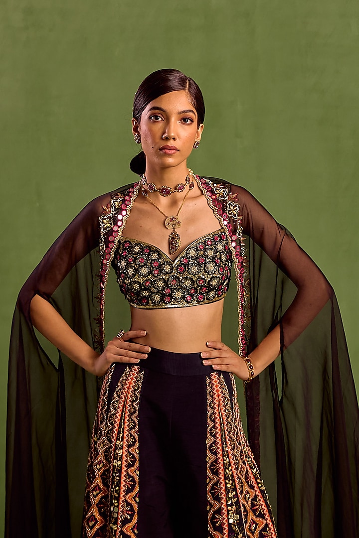 Black Viscose Raw Silk Printed & Embroidered Wedding Sharara Set by Neha Khullar at Pernia's Pop Up Shop