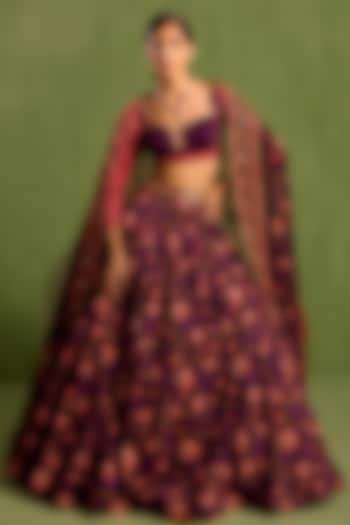 Purple Viscose Raw Silk Hand Embridered Wedding Lehenga Set by Neha Khullar at Pernia's Pop Up Shop