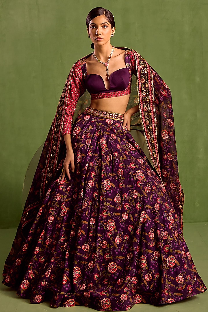 Purple Viscose Raw Silk Hand Embridered Wedding Lehenga Set by Neha Khullar at Pernia's Pop Up Shop