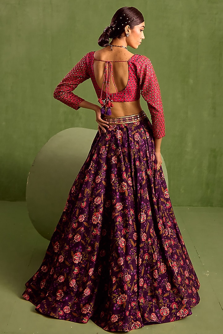 Purple Viscose Raw Silk Hand Embridered Wedding Lehenga Set by Neha Khullar at Pernia's Pop Up Shop