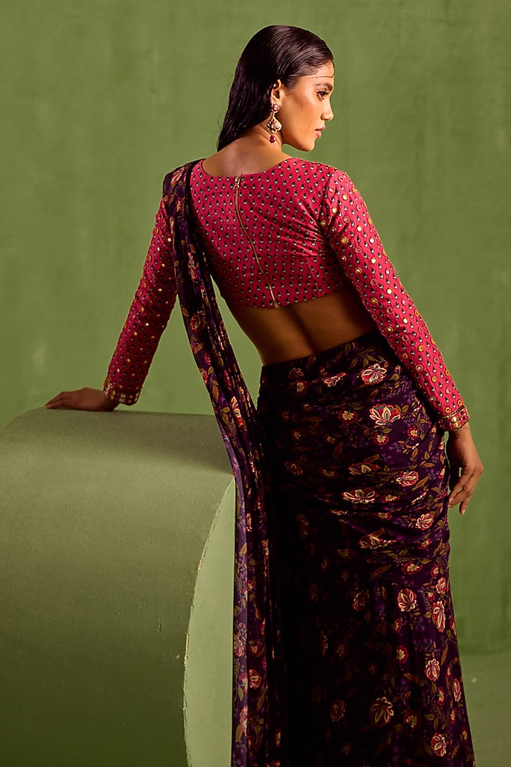 Purple Chanderi Silk & Organza Printed Pre-Draped Wedding Saree Set by Neha Khullar at Pernia's Pop Up Shop