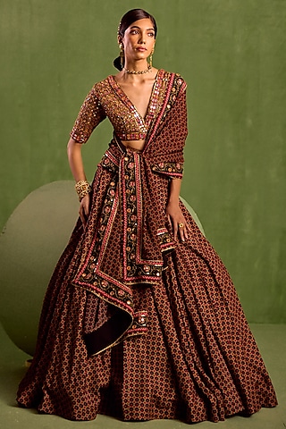 Black Viscose Raw Silk Printed & Embroidered Lehenga Set by Neha Khullar