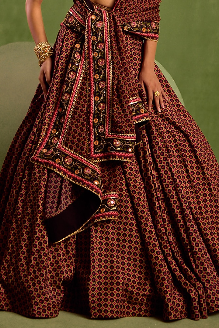 Black Viscose Raw Silk Printed & Embroidered Wedding Lehenga Set by Neha Khullar at Pernia's Pop Up Shop