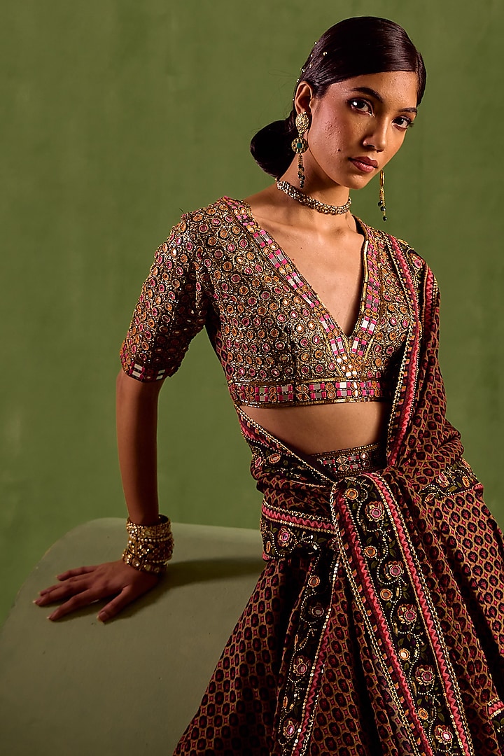Black Viscose Raw Silk Printed & Embroidered Wedding Lehenga Set by Neha Khullar at Pernia's Pop Up Shop