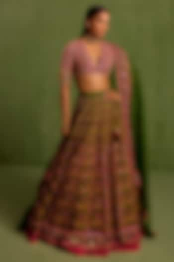 Jade Green Viscose Raw Silk Printed & Embroidered Wedding Lehenga Set by Neha Khullar at Pernia's Pop Up Shop