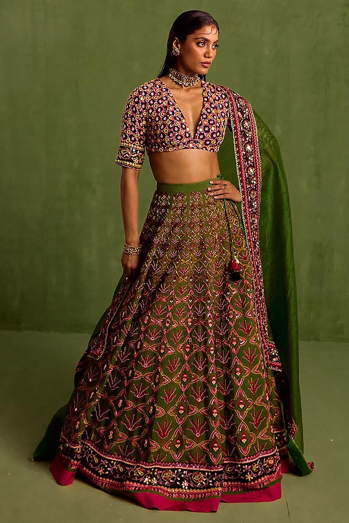 Jade Green Viscose Raw Silk Printed & Embroidered Wedding Lehenga Set by Neha Khullar at Pernia's Pop Up Shop