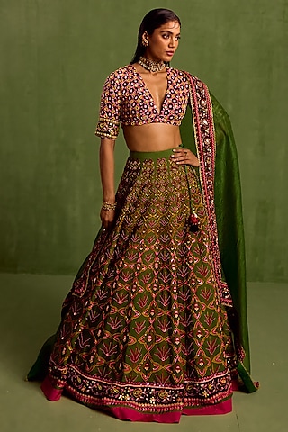 Jade Green Viscose Raw Silk Printed & Embroidered Lehenga Set by Neha Khullar