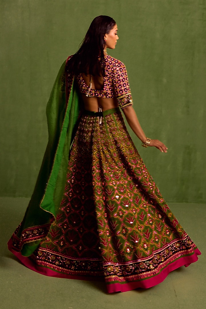 Jade Green Viscose Raw Silk Printed & Embroidered Wedding Lehenga Set by Neha Khullar at Pernia's Pop Up Shop