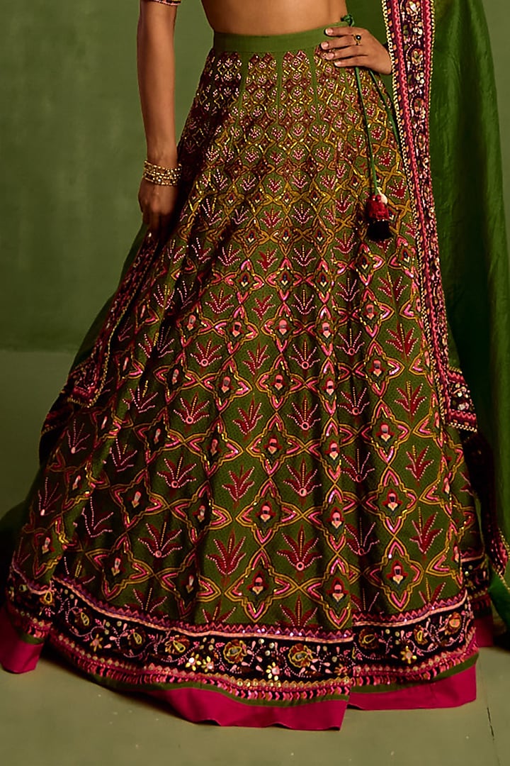 Jade Green Viscose Raw Silk Printed & Embroidered Wedding Lehenga Set by Neha Khullar at Pernia's Pop Up Shop