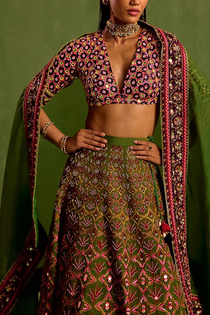 Jade Green Viscose Raw Silk Printed & Embroidered Wedding Lehenga Set by Neha Khullar at Pernia's Pop Up Shop