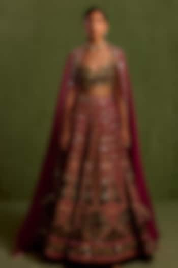 Magenta Viscose Raw Silk Printed & Embroidered Wedding Lehenga Set by Neha Khullar at Pernia's Pop Up Shop