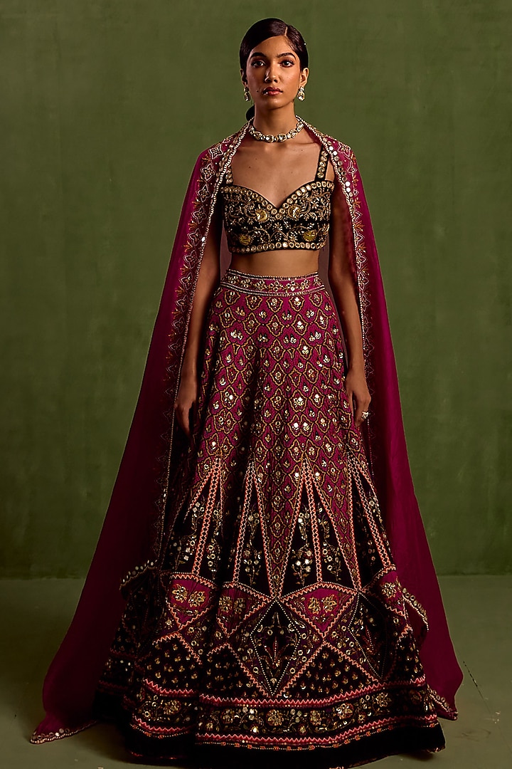 Magenta Viscose Raw Silk Printed & Embroidered Wedding Lehenga Set by Neha Khullar at Pernia's Pop Up Shop