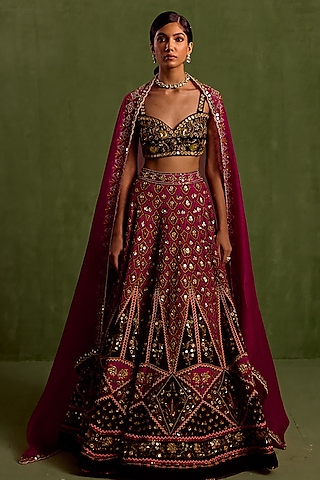 Magenta Viscose Raw Silk Printed & Embroidered Lehenga Set by Neha Khullar