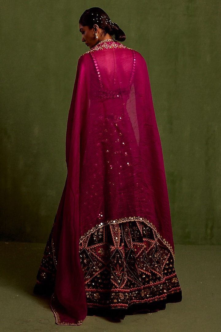 Magenta Viscose Raw Silk Printed & Embroidered Wedding Lehenga Set by Neha Khullar at Pernia's Pop Up Shop