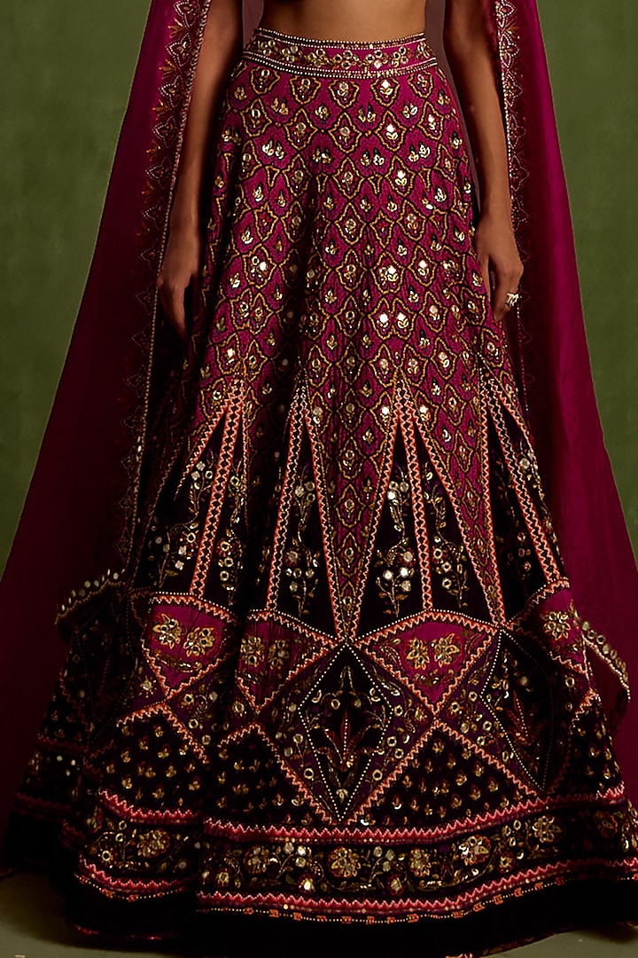 Magenta Viscose Raw Silk Printed & Embroidered Wedding Lehenga Set by Neha Khullar at Pernia's Pop Up Shop