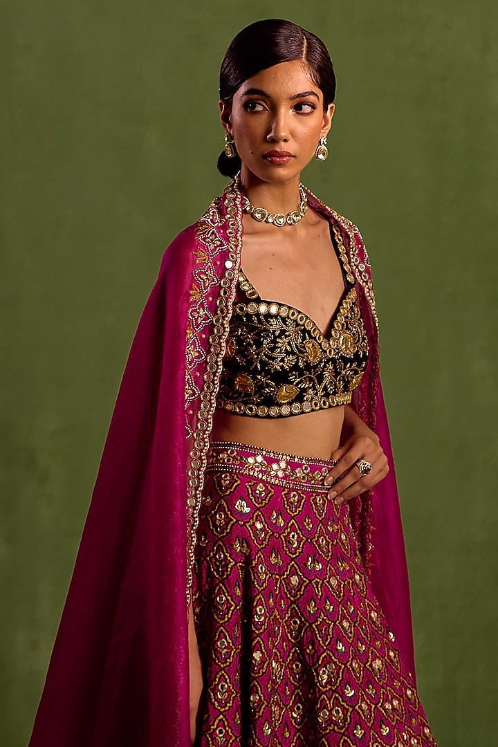 Magenta Viscose Raw Silk Printed & Embroidered Wedding Lehenga Set by Neha Khullar at Pernia's Pop Up Shop