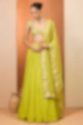 Olive Yellow Banarasi Chanderi Wedding Lehenga Set by Neha khullar at Pernia's Pop Up Shop