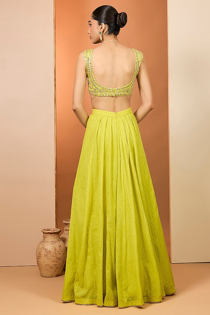 Olive Yellow Banarasi Chanderi Wedding Lehenga Set by Neha khullar at Pernia's Pop Up Shop
