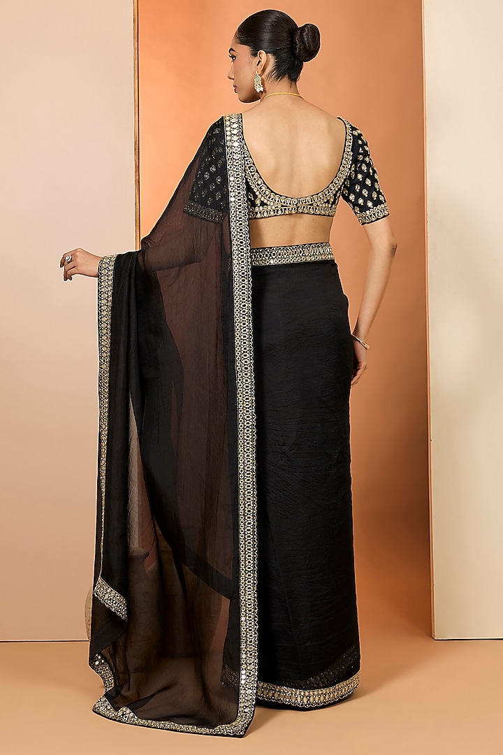 Black Pure Organza Mirror Embroidered Wedding Saree Set by Neha khullar at Pernia's Pop Up Shop