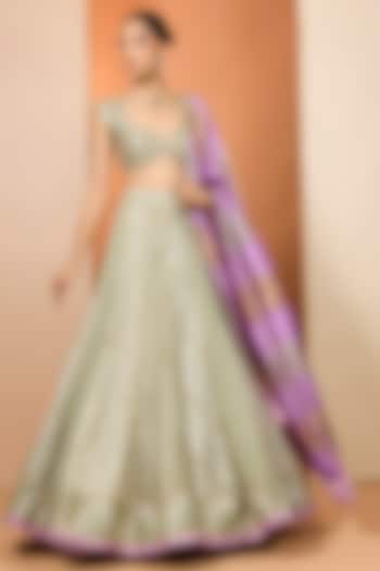 Green Banarasi Chanderi Gota Embroidered Wedding Lehenga Set by Neha khullar at Pernia's Pop Up Shop