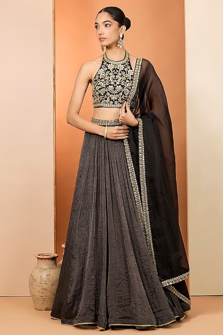 Black Pure Tissue Chanderi Wedding Lehenga Set by Neha khullar at Pernia's Pop Up Shop