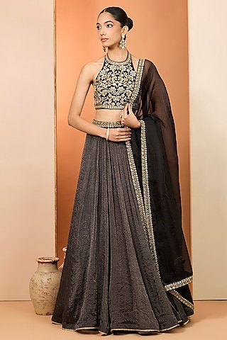 Black Pure Tissue Chanderi Lehenga Set by Neha khullar