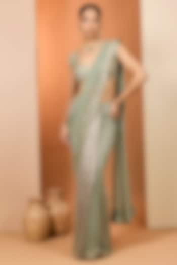 Green Pure Organza Mirror Embroidered Wedding Saree Set by Neha khullar at Pernia's Pop Up Shop