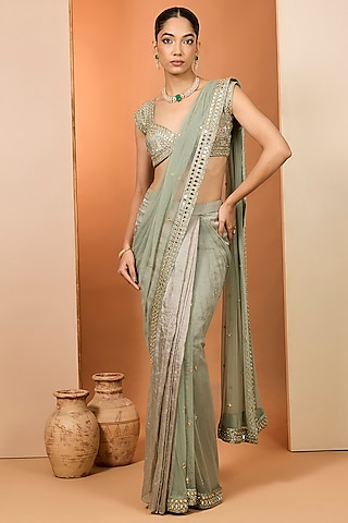 Green Pure Organza Mirror Embroidered Saree Set by Neha khullar
