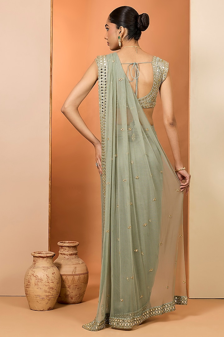 Green Pure Organza Mirror Embroidered Wedding Saree Set by Neha khullar at Pernia's Pop Up Shop
