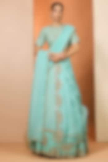 Sky Blue Tissue Silk Hand Embroidered Wedding Lehenga Set by Neha khullar at Pernia's Pop Up Shop