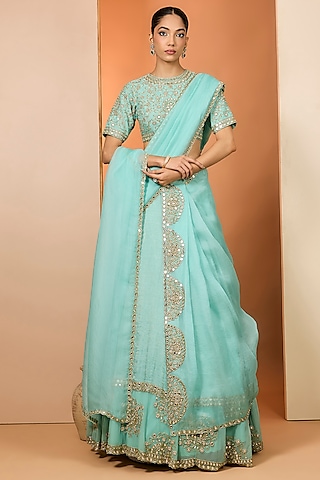 Sky Blue Tissue Silk Hand Embroidered Lehenga Set by Neha khullar