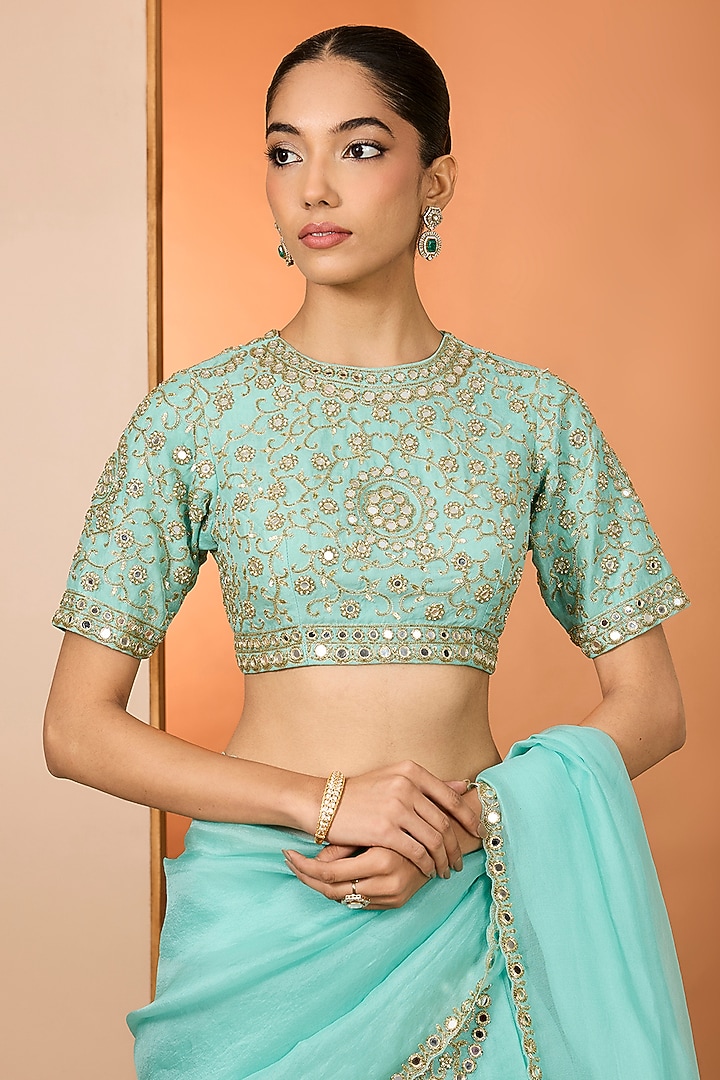 Sky Blue Tissue Silk Hand Embroidered Wedding Lehenga Set by Neha khullar at Pernia's Pop Up Shop