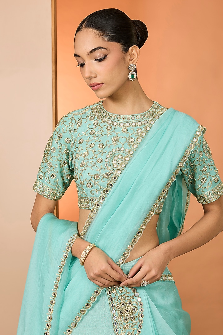 Sky Blue Tissue Silk Hand Embroidered Wedding Lehenga Set by Neha khullar at Pernia's Pop Up Shop