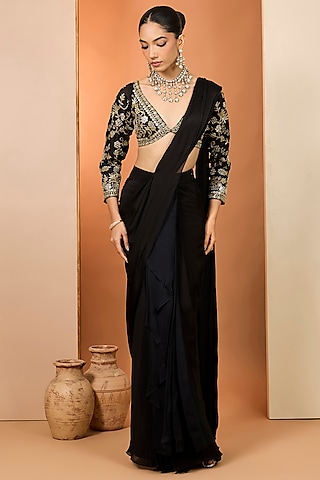 Black Viscose Chiffon Pre-Draped Saree Set by Neha khullar