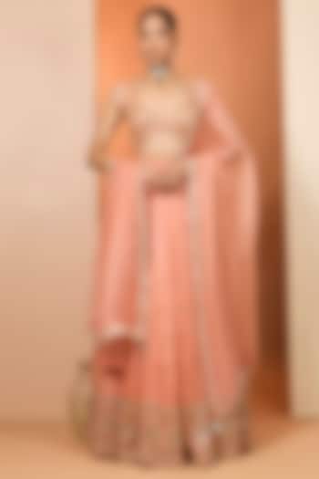 Orange Pure Satin Organza Hand Embroidered Wedding Lehenga Set by Neha khullar at Pernia's Pop Up Shop