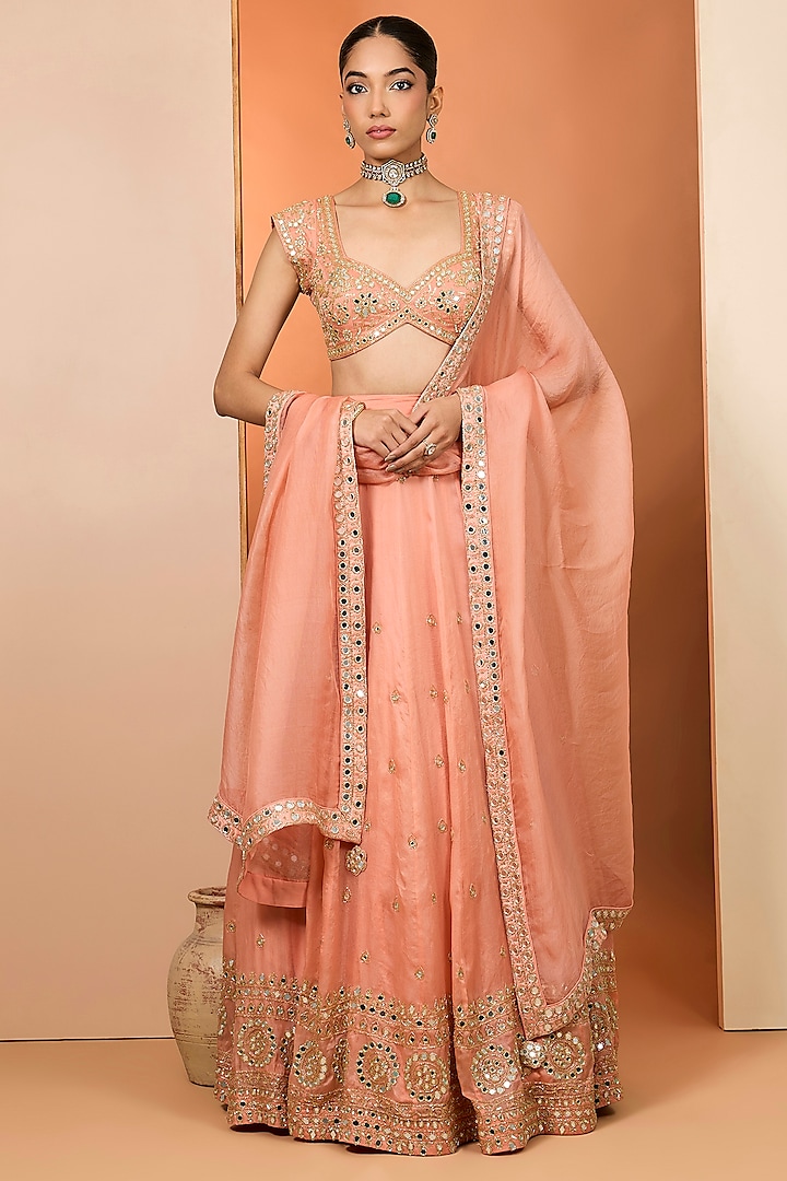 Orange Pure Satin Organza Hand Embroidered Wedding Lehenga Set by Neha khullar at Pernia's Pop Up Shop