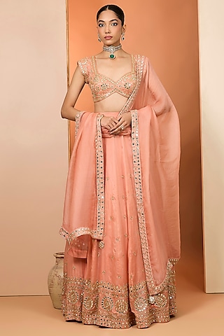 Orange Pure Satin Organza Hand Embroidered Lehenga Set by Neha khullar