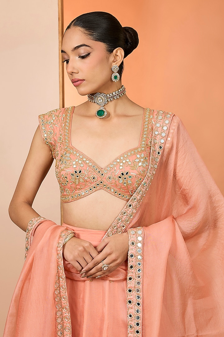 Orange Pure Satin Organza Hand Embroidered Wedding Lehenga Set by Neha khullar at Pernia's Pop Up Shop