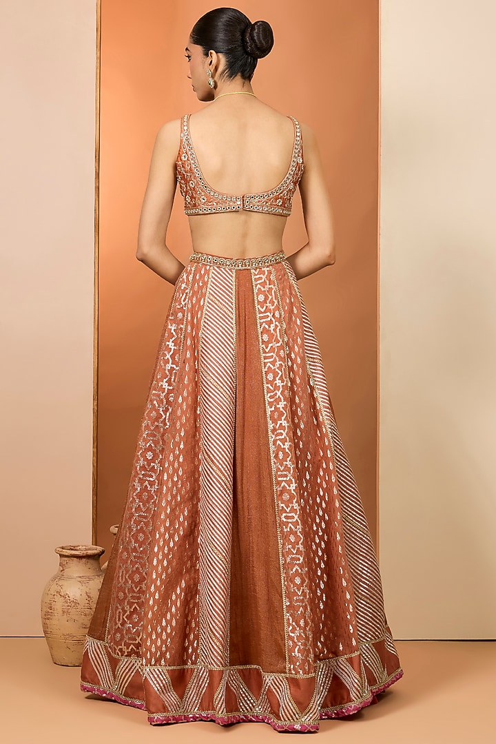 Rust Banarasi Chanderi Gota Embroidered Wedding Lehenga Set by Neha khullar at Pernia's Pop Up Shop