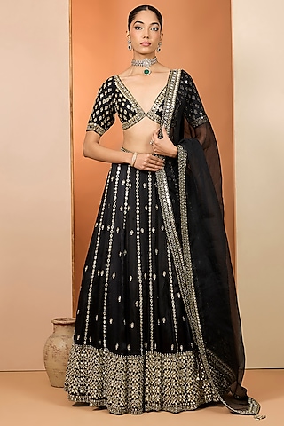 Black Silk Organza Hand Embroidered Lehenga Set by Neha khullar