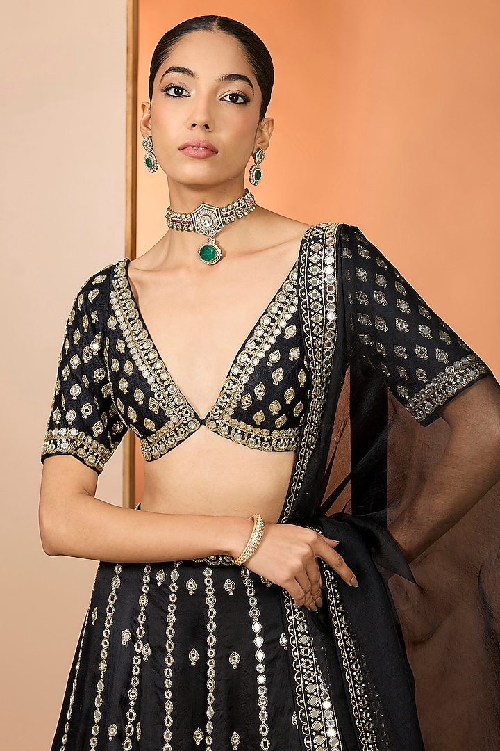 Black Silk Organza Hand Embroidered Bridal Lehenga Set by Neha khullar at Pernia's Pop Up Shop