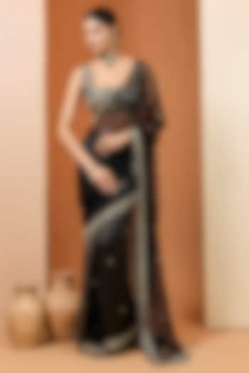 Black Pure Silk Tissue & Net Mirror Embroidered Wedding Saree Set by Neha khullar at Pernia's Pop Up Shop